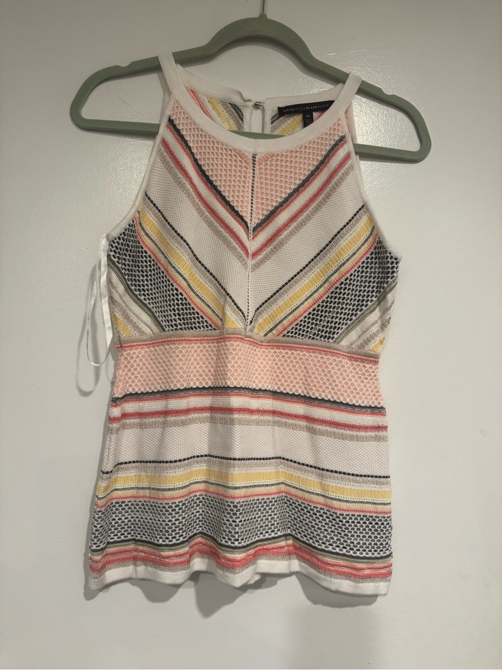 Sleeveless Striped Crochet Knit Tank Top - White with Pink, Yellow & Black